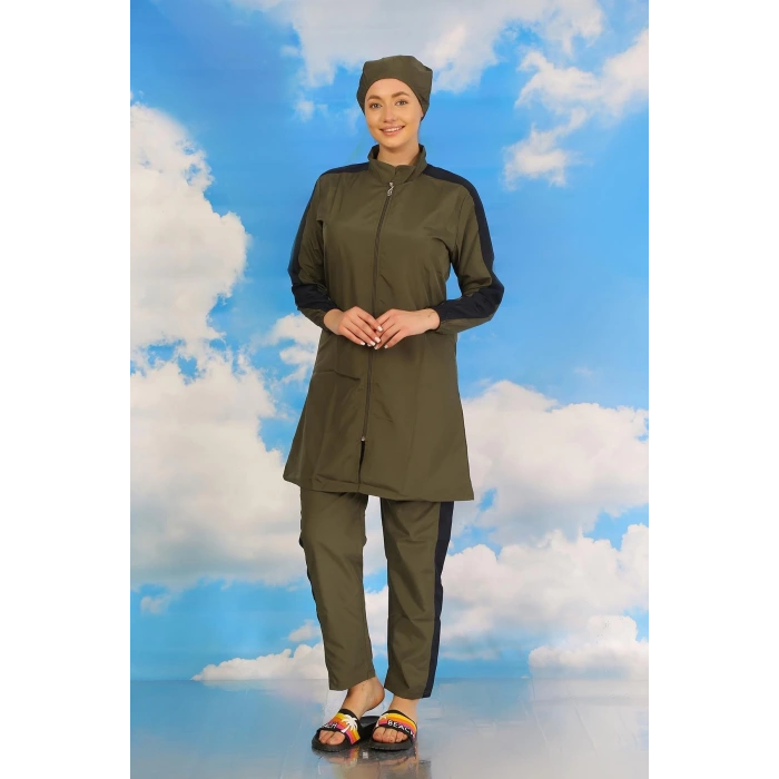 Moda Kadın Pantolonlu Kolu Şeritli Tam Tesettür Mayo Haki
