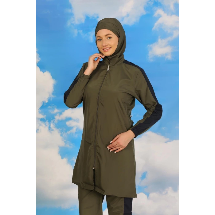 Moda Kadın Pantolonlu Kolu Şeritli Tam Tesettür Mayo Haki