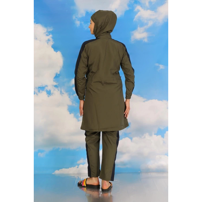 Moda Kadın Pantolonlu Kolu Şeritli Tam Tesettür Mayo Haki