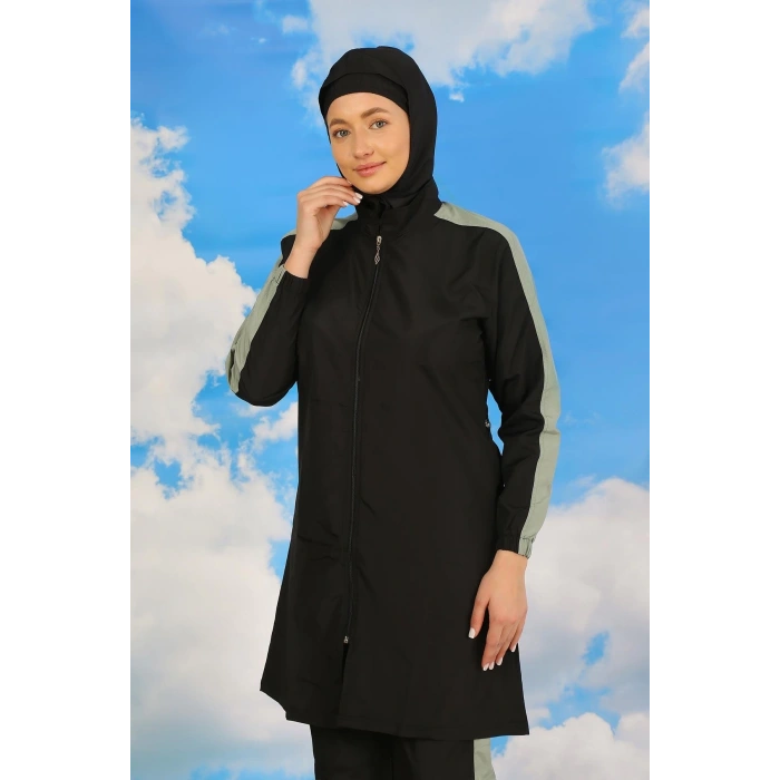 Moda Kadın Pantolonlu Kolu Şeritli Tam Tesettür Mayo Siyah