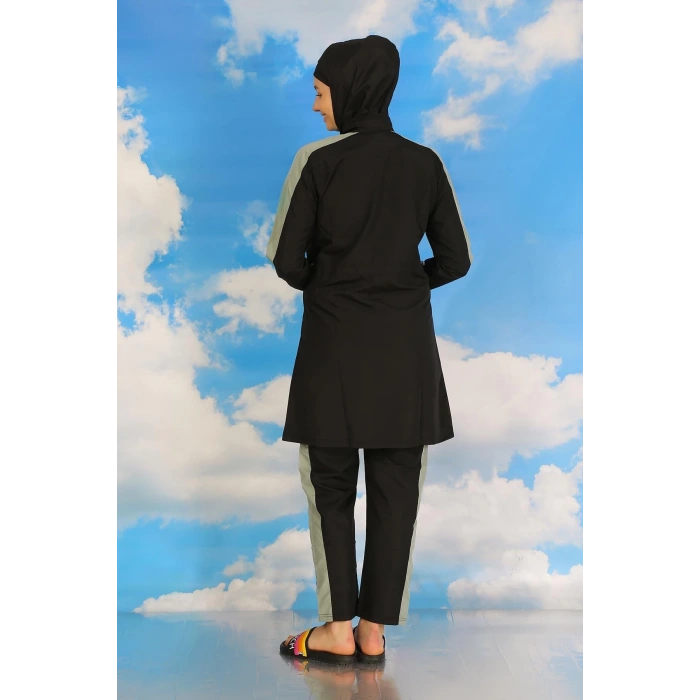 Moda Kadın Pantolonlu Kolu Şeritli Tam Tesettür Mayo Siyah