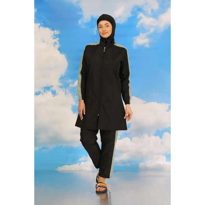 Moda Kadın Pantolonlu Kolu Şeritli Tam Tesettür Mayo Siyah