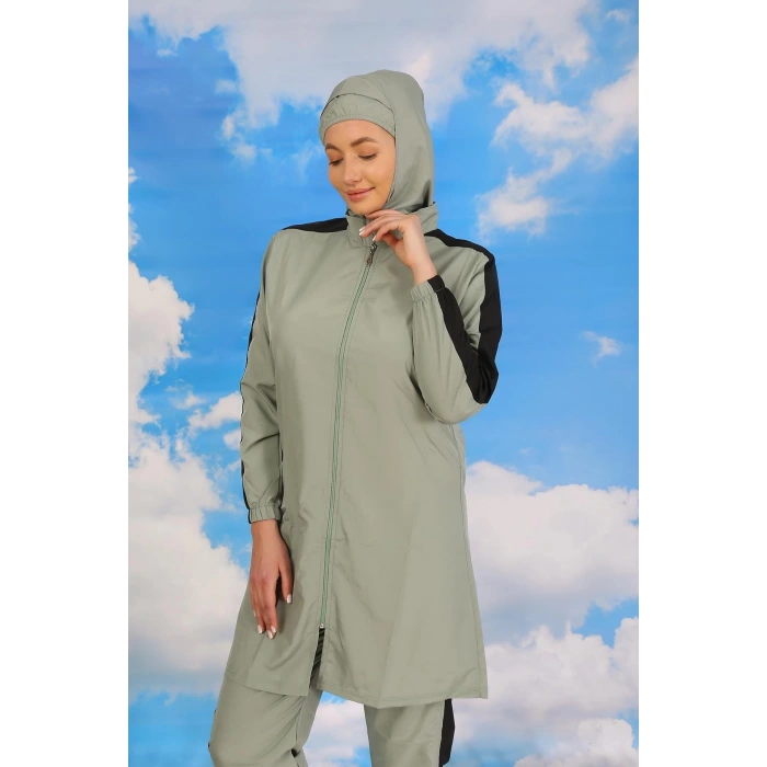 Moda Kadın Pantolonlu Kolu Şeritli Tam Tesettür Mayo Su Yeşili