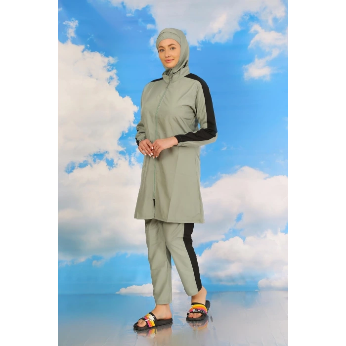 Moda Kadın Pantolonlu Kolu Şeritli Tam Tesettür Mayo Su Yeşili