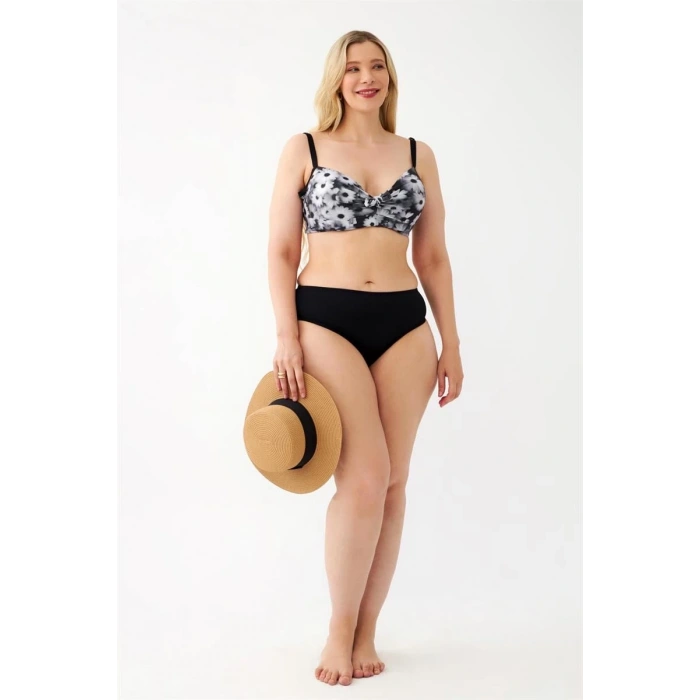 Moda Kadın Papatya Desenli Gri Büyük Beden Bikini Takımı