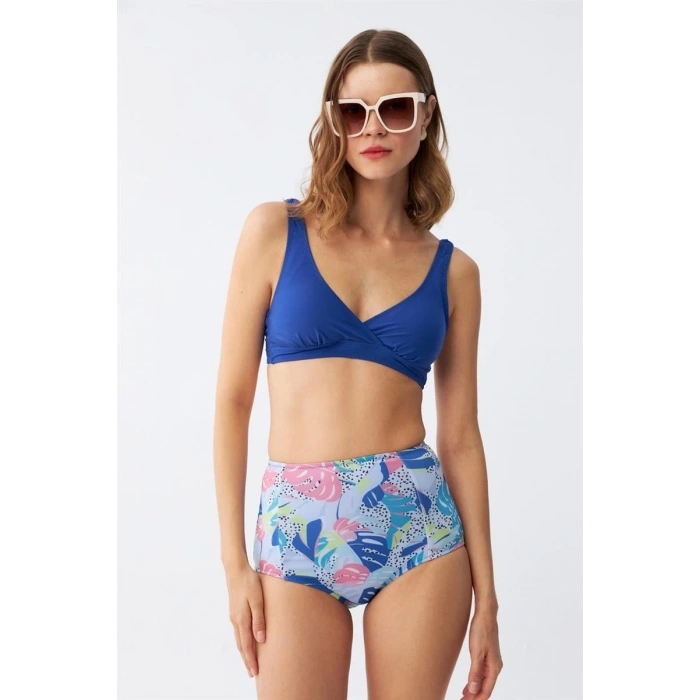 Moda Kadın Pedli Yaprak Desenli Yüksek Bel Sax Bikini Takımı