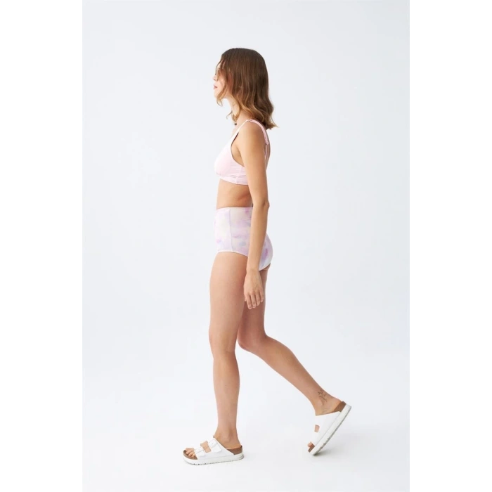 Moda Kadın Pembe Pedli Üst ve Pastel Desenli Yüksek Bel Bikini Takımı