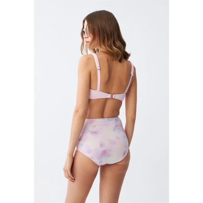 Moda Kadın Pembe Pedli Üst ve Pastel Desenli Yüksek Bel Bikini Takımı