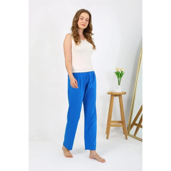 Moda Kadın Penye Düz Tek Alt Pijama Mavi