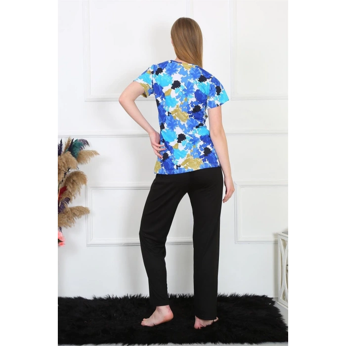 Moda Kadın Penye Kısa Kol Pijama Takım Saks