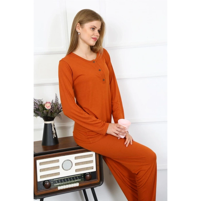 Moda Kadın Penye Uzun Kol Patlı Pijama Takım Kiremit