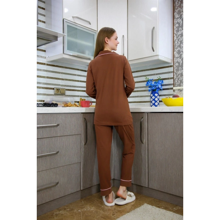 Moda Kadın Penye Uzun Kol Pijama Takım Kahve