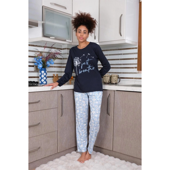 Moda Kadın Penye Uzun Kol Pijama Takım Laciver
