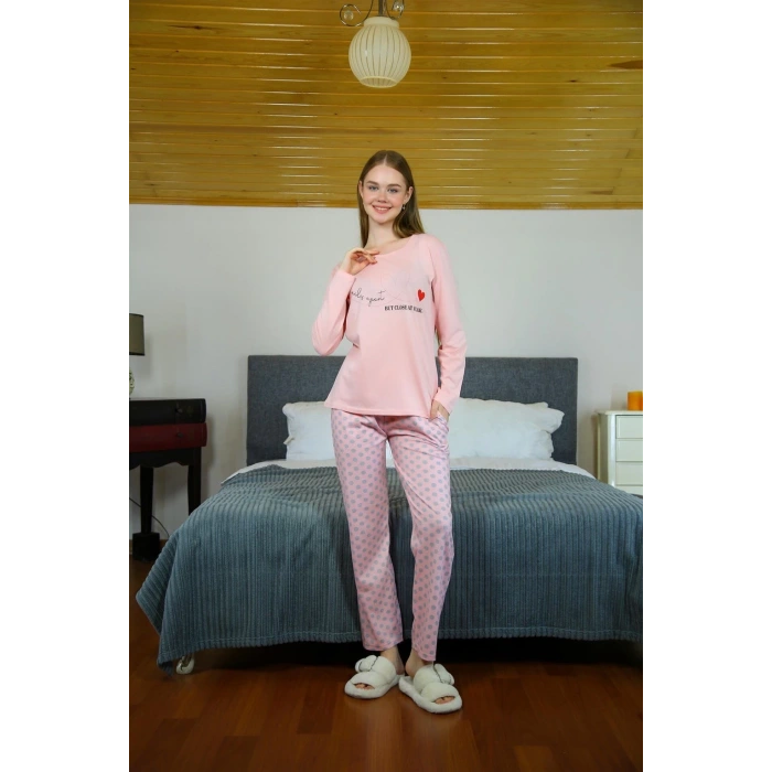 Moda Kadın Penye Uzun Kol Pijama Takım Somon