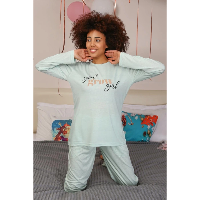 Moda Kadın Penye Uzun Kol Pijama Takım Su Yeşili