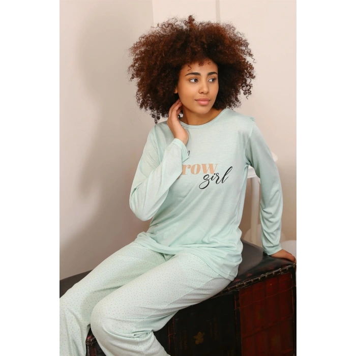 Moda Kadın Penye Uzun Kol Pijama Takım Su Yeşili