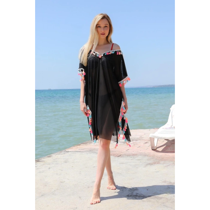 Moda Kadın Püsküllü Tunik Pareo Plaj Elbisesi Siyah