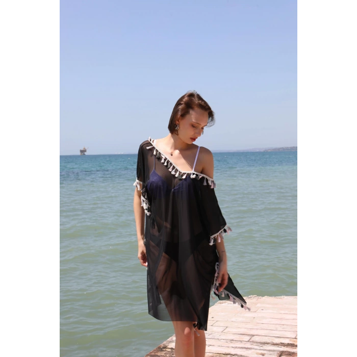 Moda Kadın Püsküllü Tunik Pareo Plaj Elbisesi Siyah