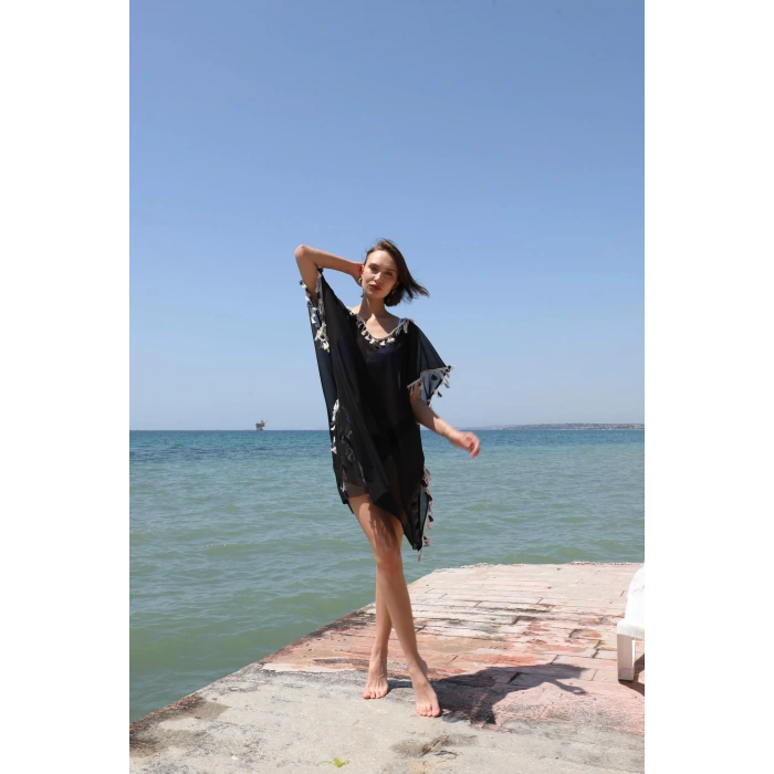 Moda Kadın Püsküllü Tunik Pareo Plaj Elbisesi Siyah