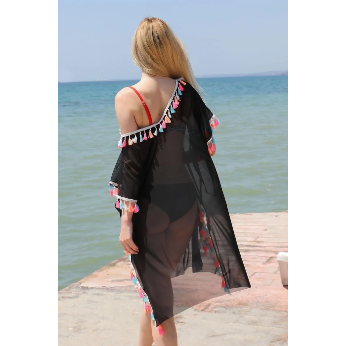 Moda Kadın Püsküllü Tunik Pareo Plaj Elbisesi Siyah