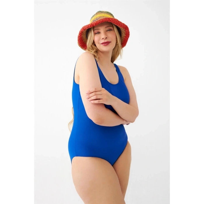 Moda Kadın Saks Mavisi Büyük Beden Düz Tek Parça Mayo