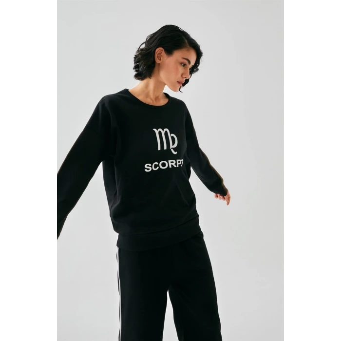 Moda Kadın Siyah Akrep Burcu Oversize 2 İplik Eşofman Ev Giyim Takımı