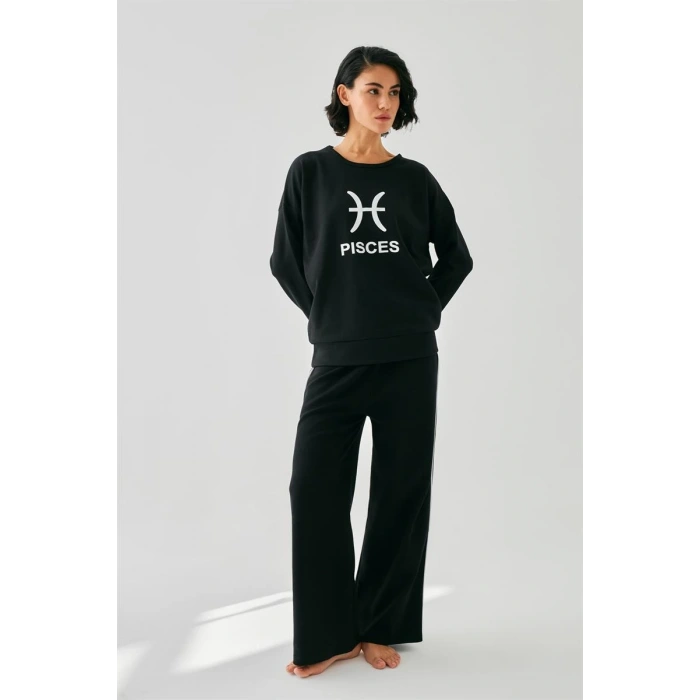 Moda Kadın Siyah Balık Burcu Oversize 2 İplik Eşofman Ev Giyim Takımı