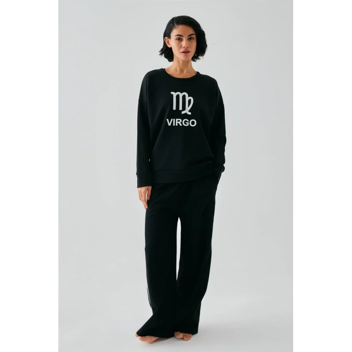 Moda Kadın Siyah Başak Burcu Oversize 2 İplik Eşofman Ev Giyim Takımı