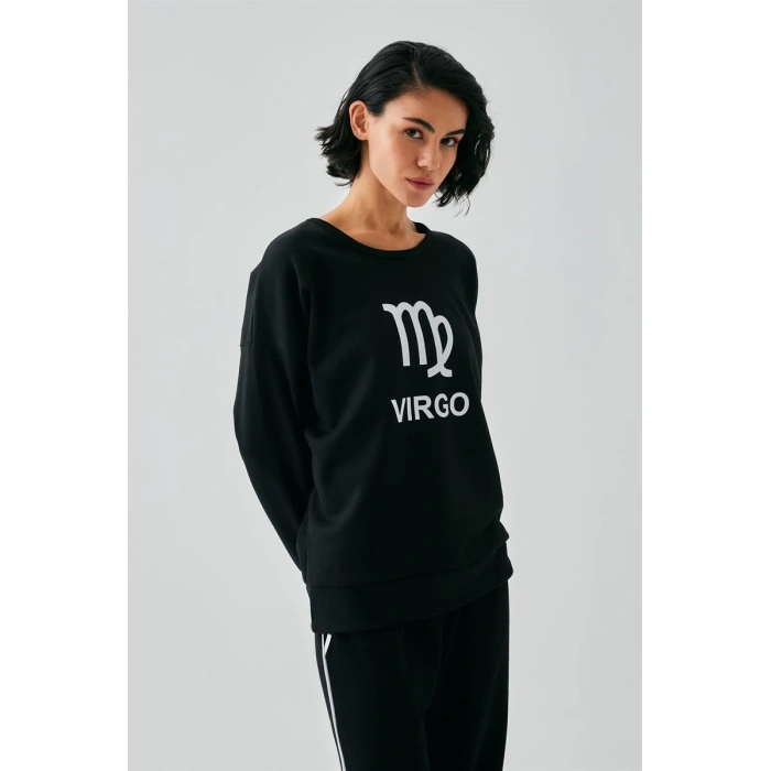 Moda Kadın Siyah Başak Burcu Oversize 2 İplik Eşofman Ev Giyim Takımı