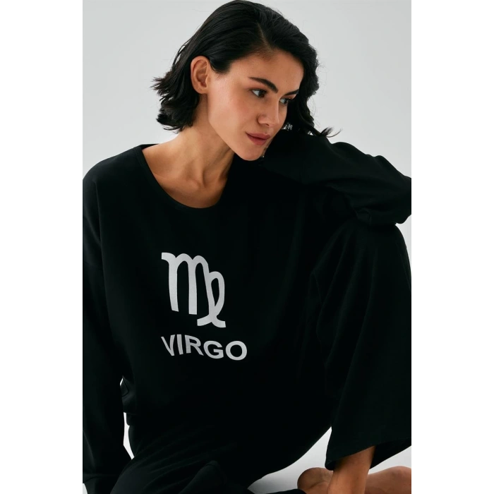 Moda Kadın Siyah Başak Burcu Oversize 2 İplik Eşofman Ev Giyim Takımı