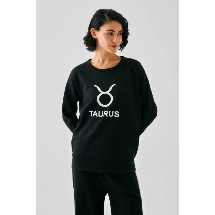 Moda Kadın Siyah Boğa Burcu Oversize 2 İplik Eşofman Ev Giyim Takımı