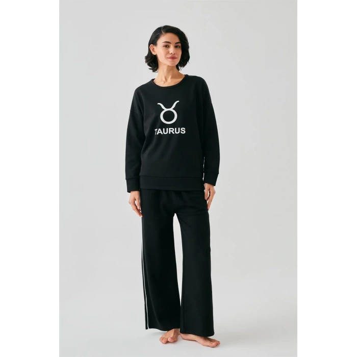 Moda Kadın Siyah Boğa Burcu Oversize 2 İplik Eşofman Ev Giyim Takımı