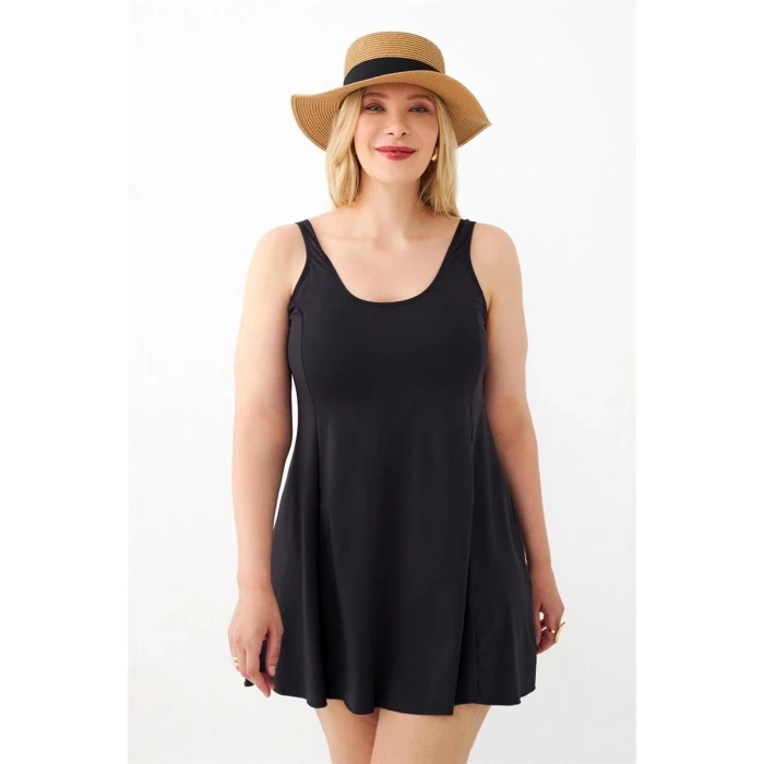 Moda Kadın Siyah Büyük Beden Düz Elbise Mayo