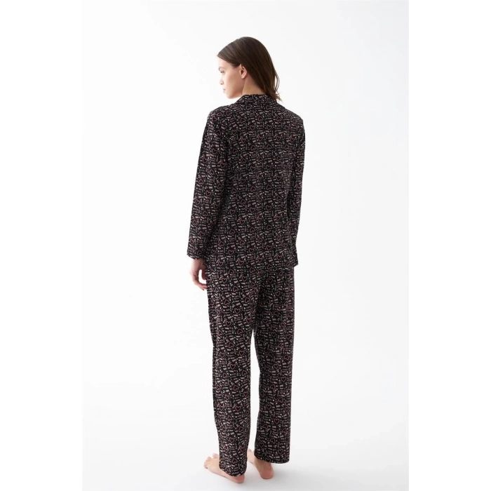 Moda Kadın Siyah Düğmeli Kalp Desenli Pamuklu Pijama Takımı