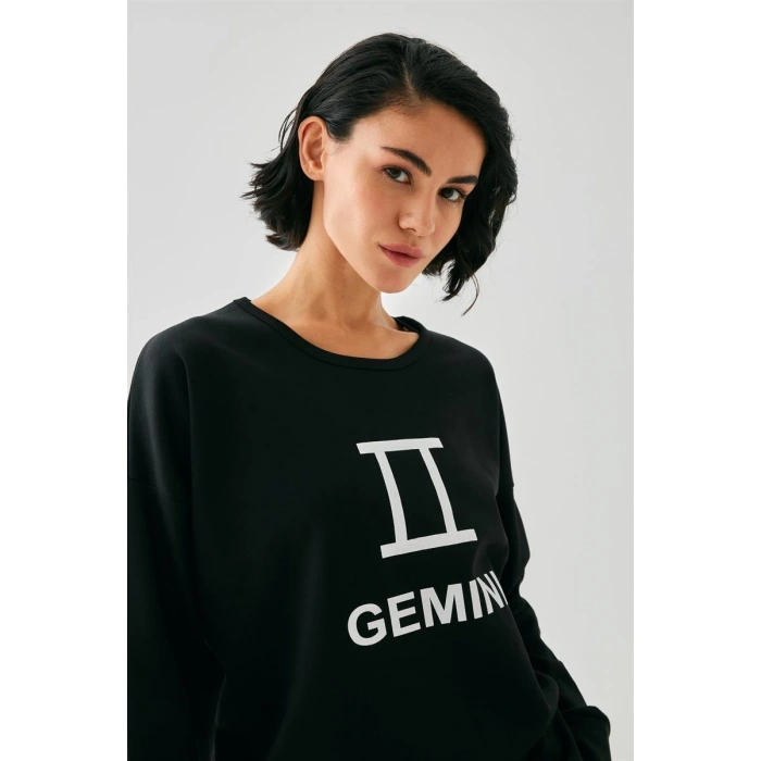 Moda Kadın Siyah İkizler Burcu Oversize 2 İplik Eşofman Ev Giyim Takımı