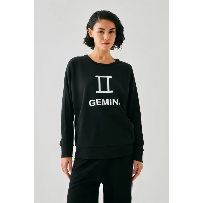 Moda Kadın Siyah İkizler Burcu Oversize 2 İplik Eşofman Ev Giyim Takımı