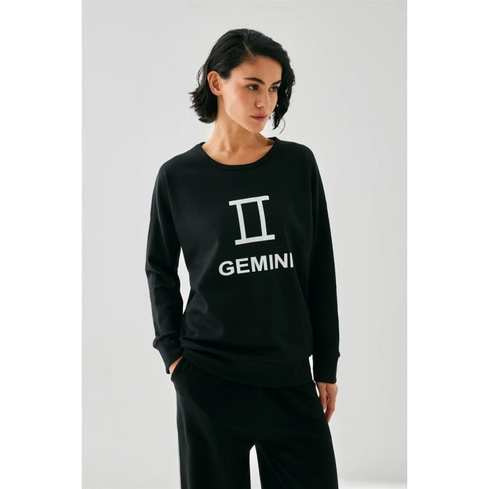 Moda Kadın Siyah İkizler Burcu Oversize 2 İplik Eşofman Ev Giyim Takımı