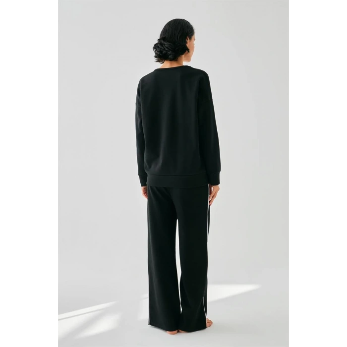 Moda Kadın Siyah İkizler Burcu Oversize 2 İplik Eşofman Ev Giyim Takımı