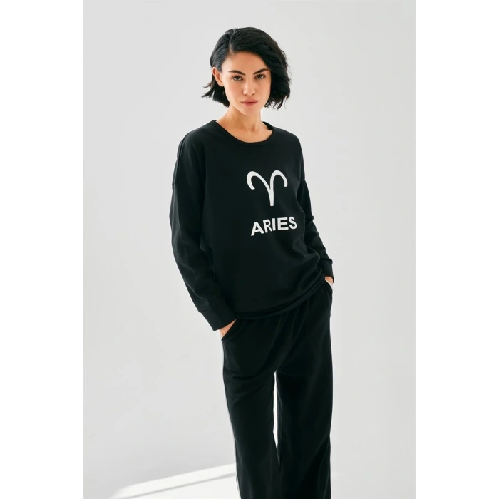 Moda Kadın Siyah Koç Burcu Oversize 2 İplik Eşofman Ev Giyim Takımı