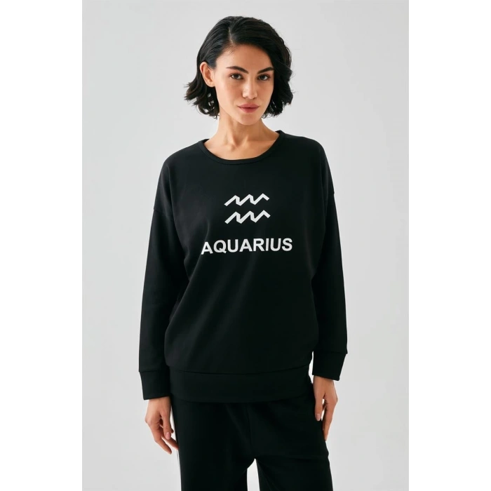 Moda Kadın Siyah Kova Burcu Oversize 2 İplik Eşofman Ev Giyim Takımı