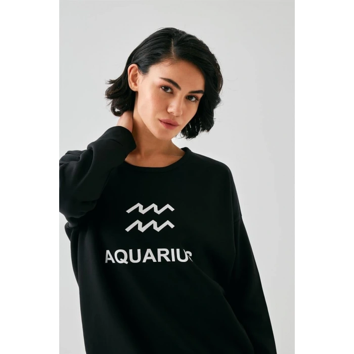 Moda Kadın Siyah Kova Burcu Oversize 2 İplik Eşofman Ev Giyim Takımı