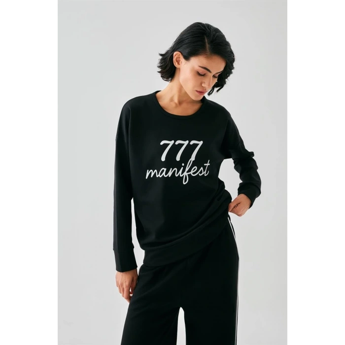 Moda Kadın Siyah Manifest Oversize 2 İplik Eşofman Ev Giyim Takımı