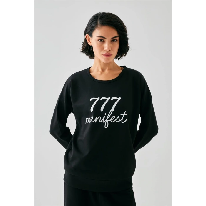 Moda Kadın Siyah Manifest Oversize 2 İplik Eşofman Ev Giyim Takımı