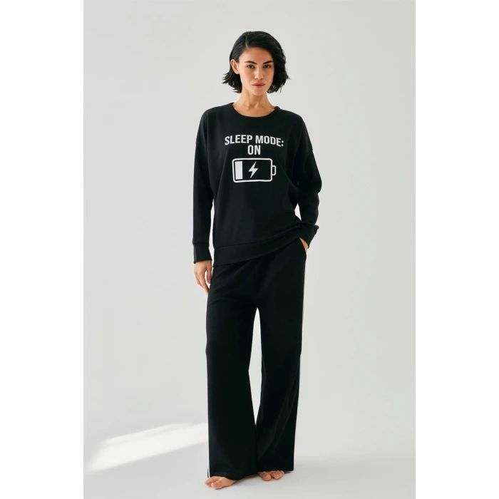 Moda Kadın Siyah Sleep Mode ON Oversize 2 İplik Eşofman Ev Giyim Takımı