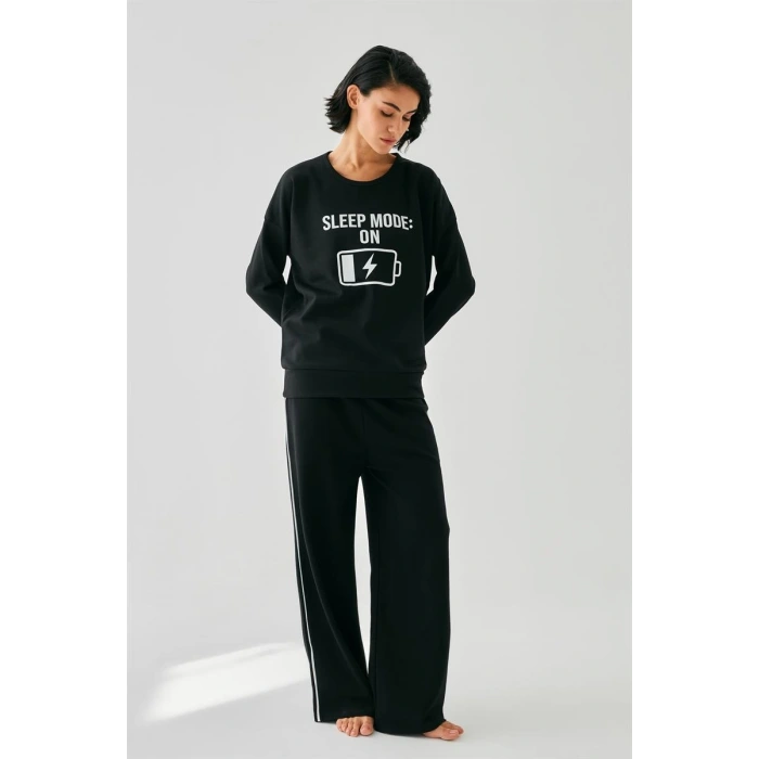 Moda Kadın Siyah Sleep Mode ON Oversize 2 İplik Eşofman Ev Giyim Takımı