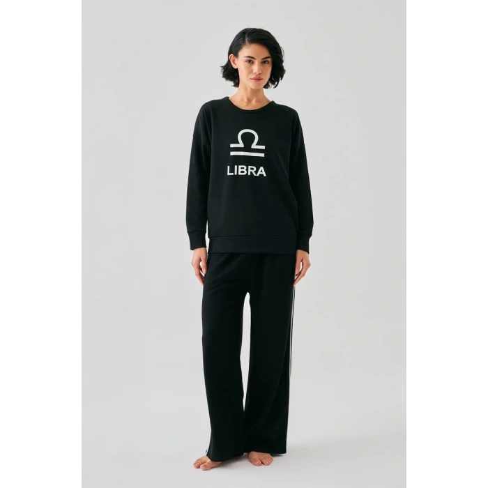 Moda Kadın Siyah Terazi Burcu Oversize 2 İplik Eşofman Ev Giyim Takımı