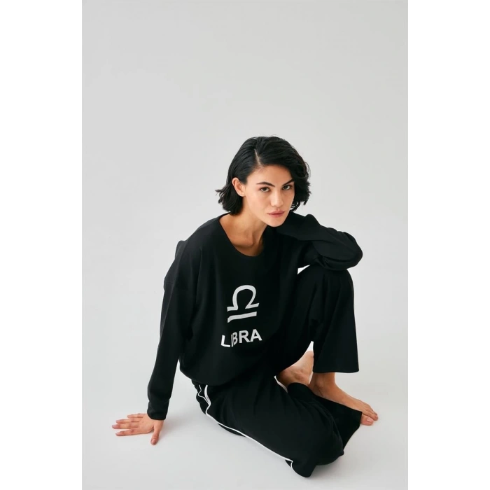 Moda Kadın Siyah Terazi Burcu Oversize 2 İplik Eşofman Ev Giyim Takımı