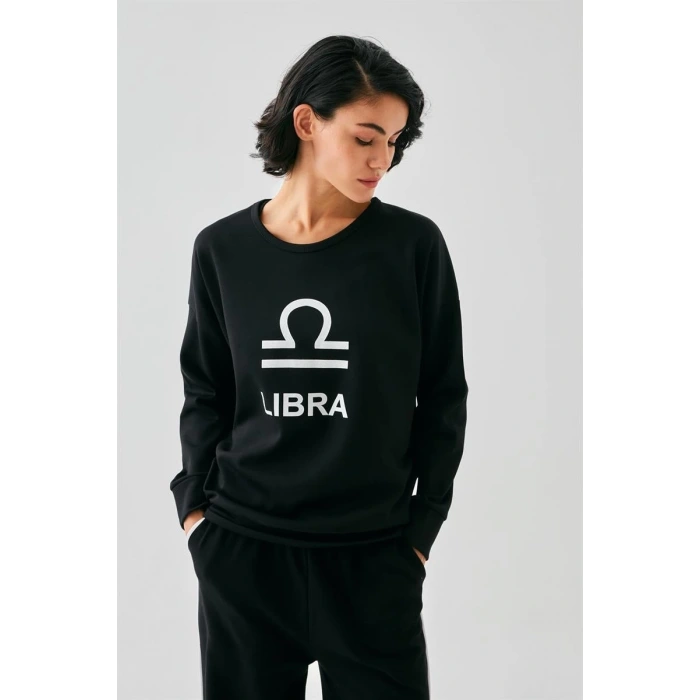Moda Kadın Siyah Terazi Burcu Oversize 2 İplik Eşofman Ev Giyim Takımı