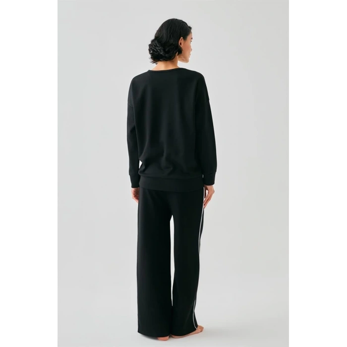 Moda Kadın Siyah Terazi Burcu Oversize 2 İplik Eşofman Ev Giyim Takımı