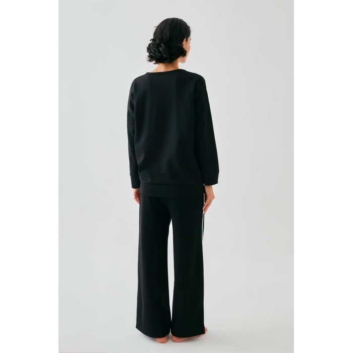Moda Kadın Siyah Yay Burcu Oversize 2 İplik Eşofman Ev Giyim Takımı